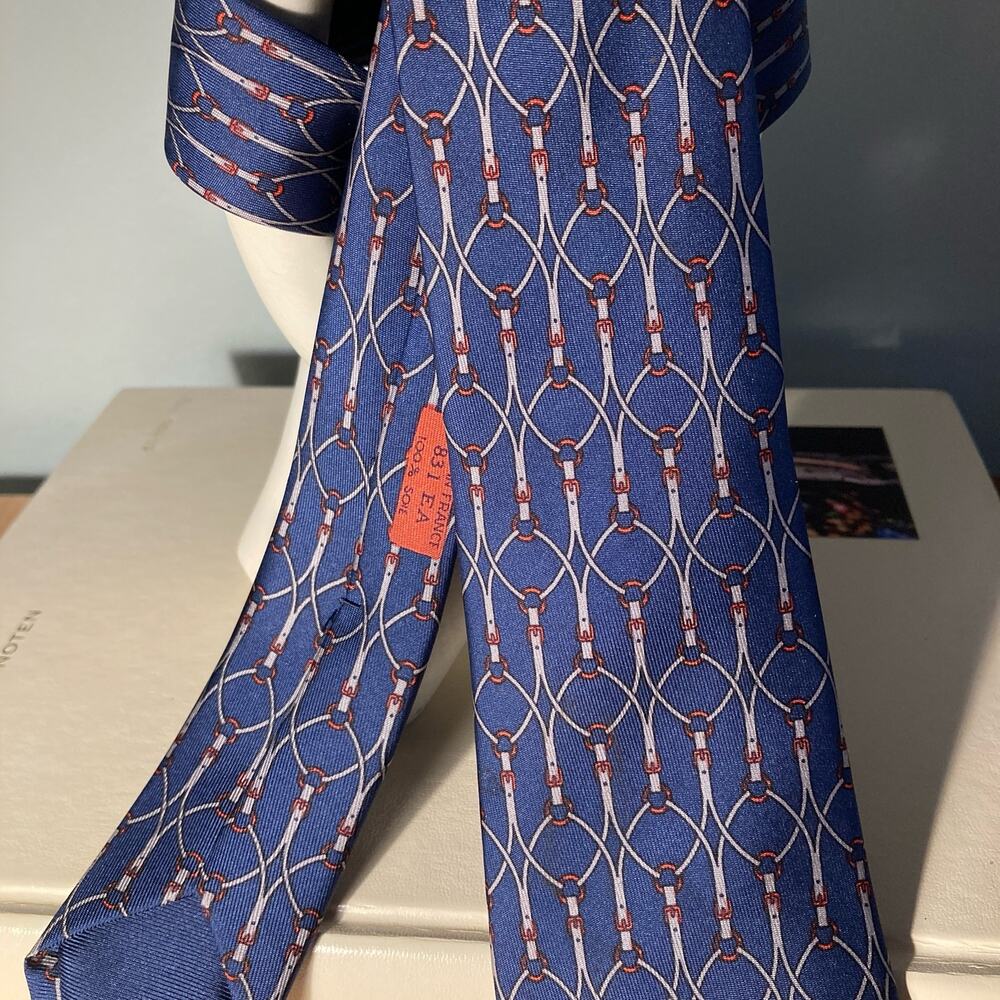 Hermes Neck Tie Blue Gray Copper Buckle Equestrian 831 EA 100% Silk Authentic